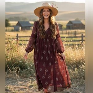 Clover + Scout Burgundy Floral Boho Maxi Dress
